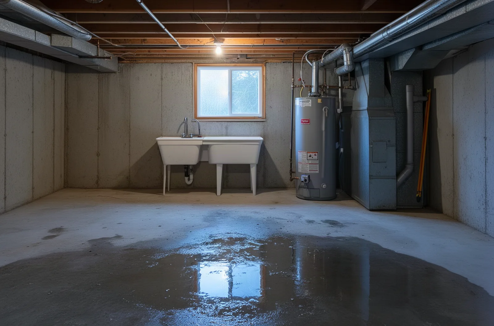 Standing water across a residential basement floor near the water heater