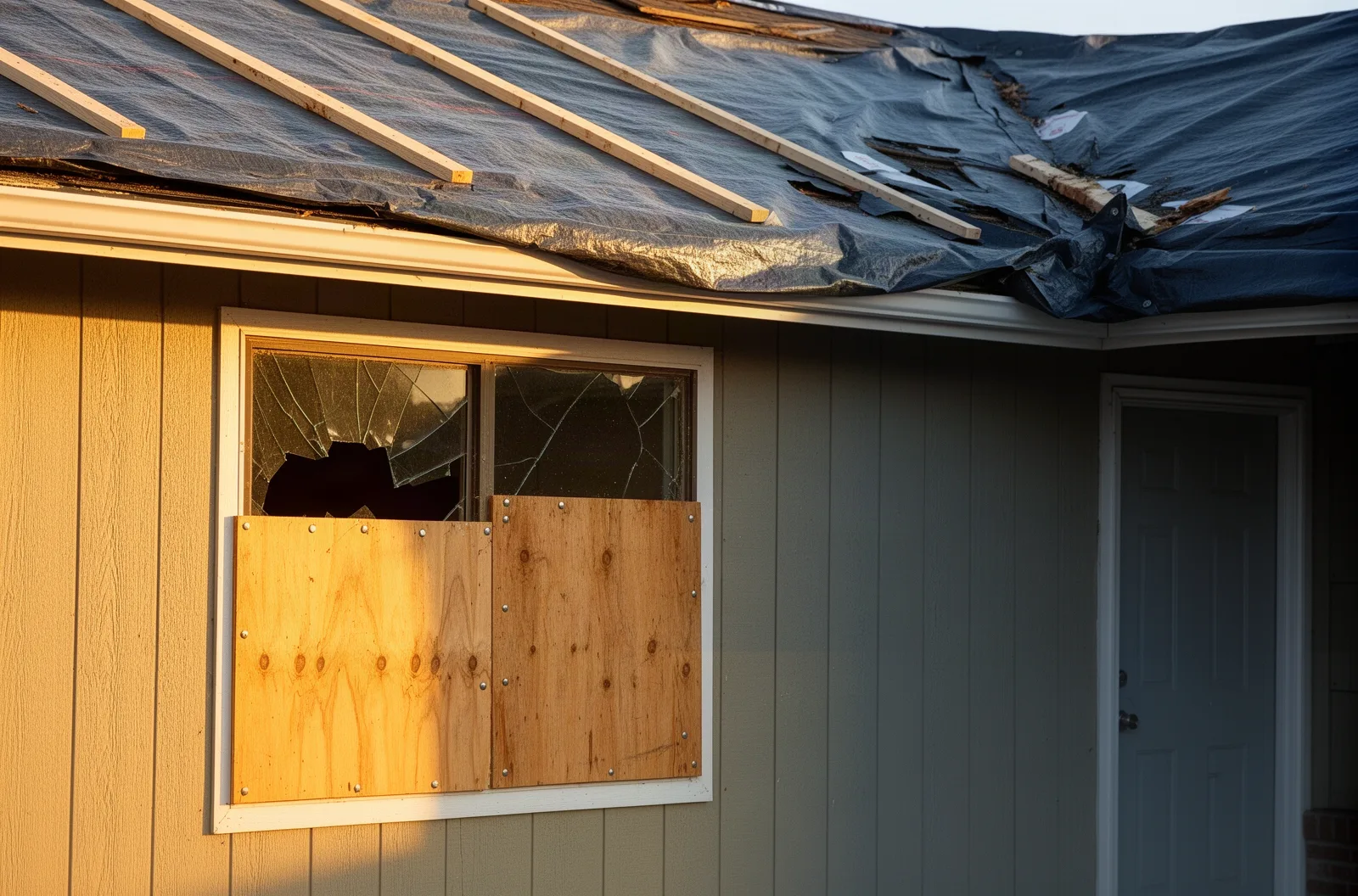Plywood-covered window and secured tarp over storm-damaged roof