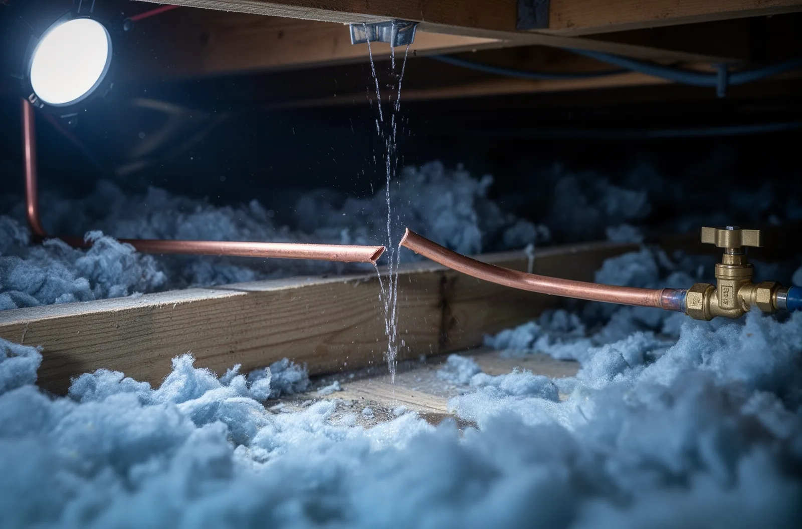 Split copper pipe dripping inside a cold crawl space