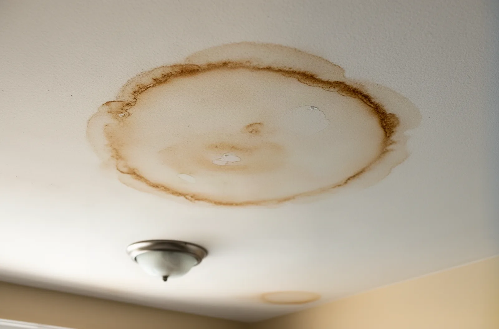 Brown water stain and sagging drywall on a residential ceiling