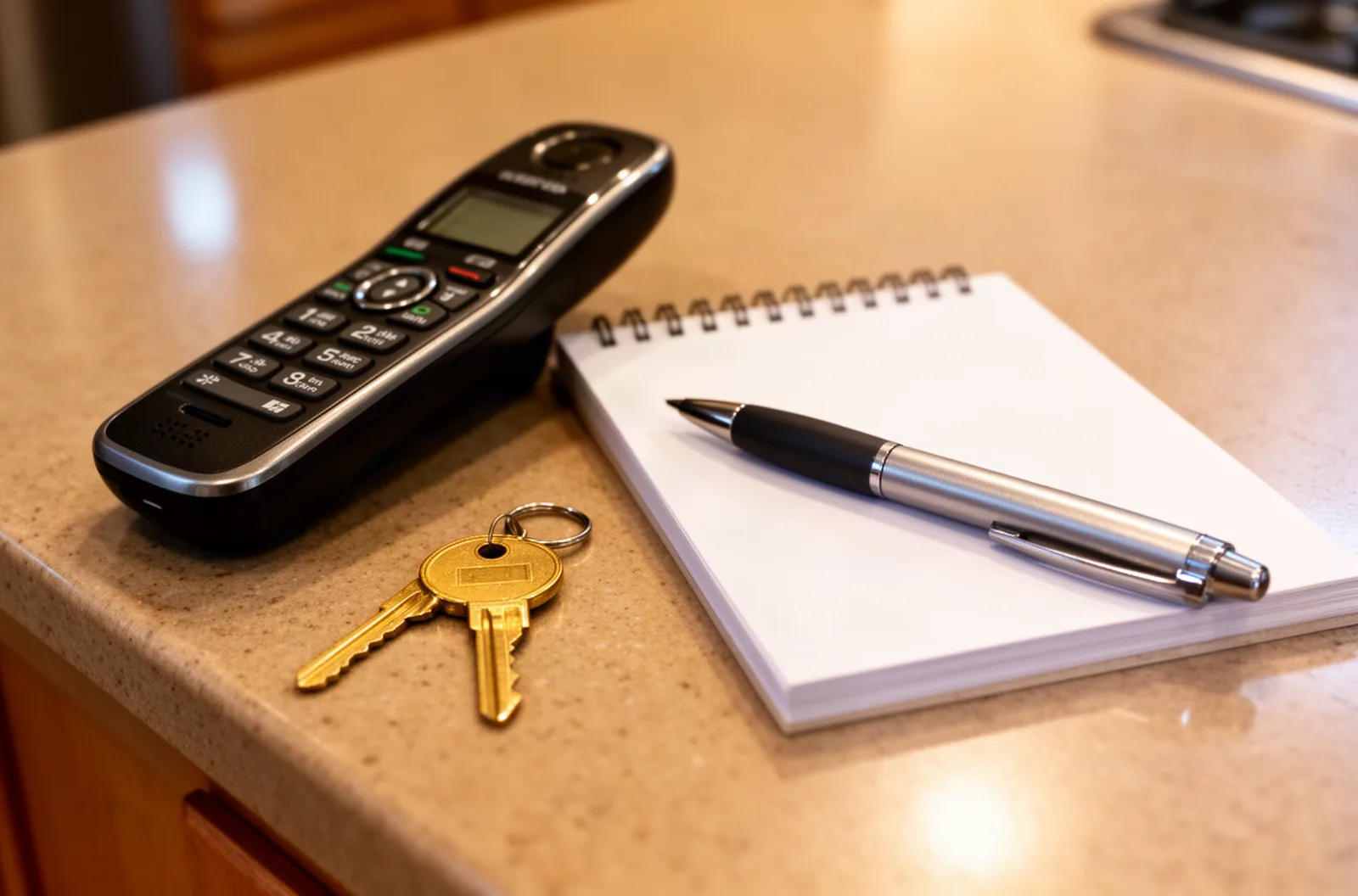Phone, notepad, and house key on a kitchen counter