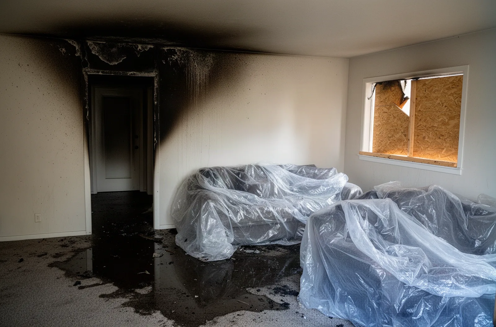Soot-stained living room with plastic-covered furniture after a fire