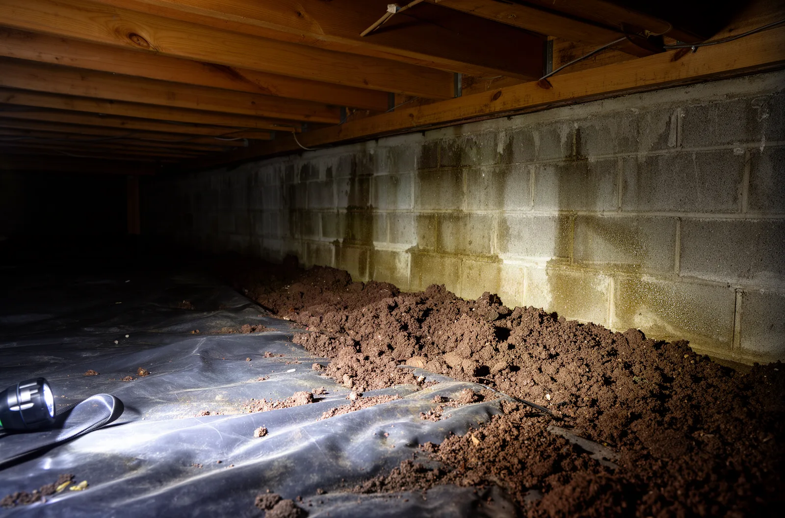 Damp crawlspace with wet foundation wall under a house