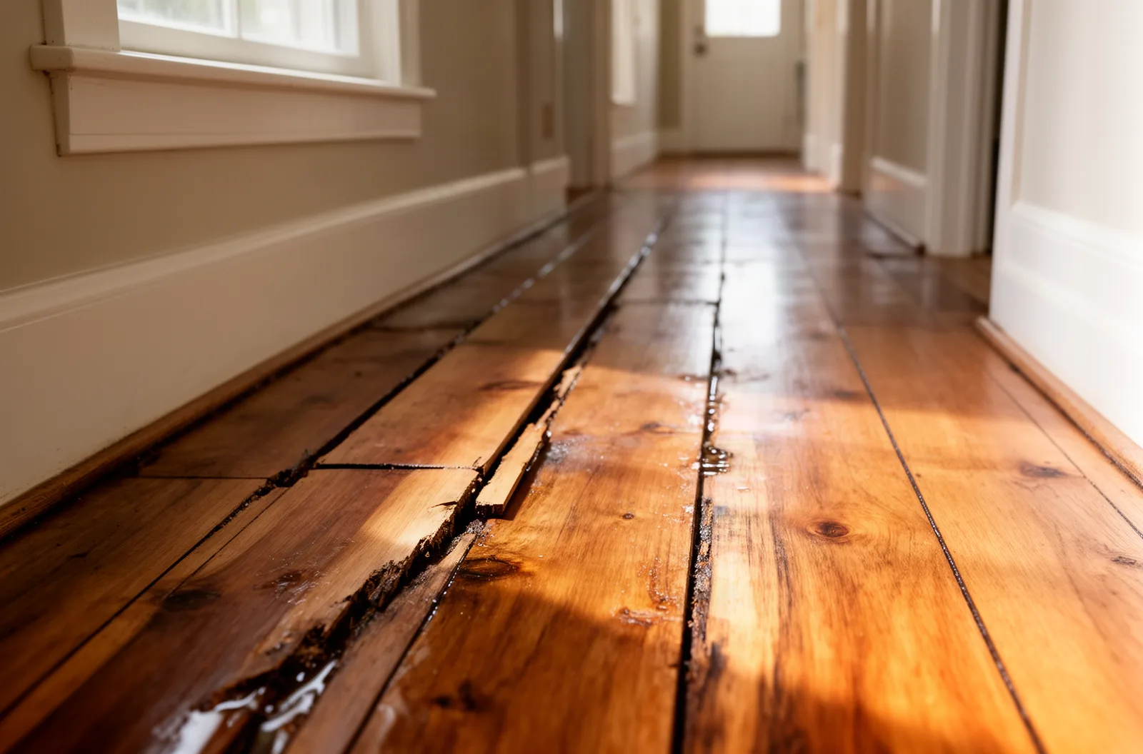 Cupped hardwood floor boards after water damage