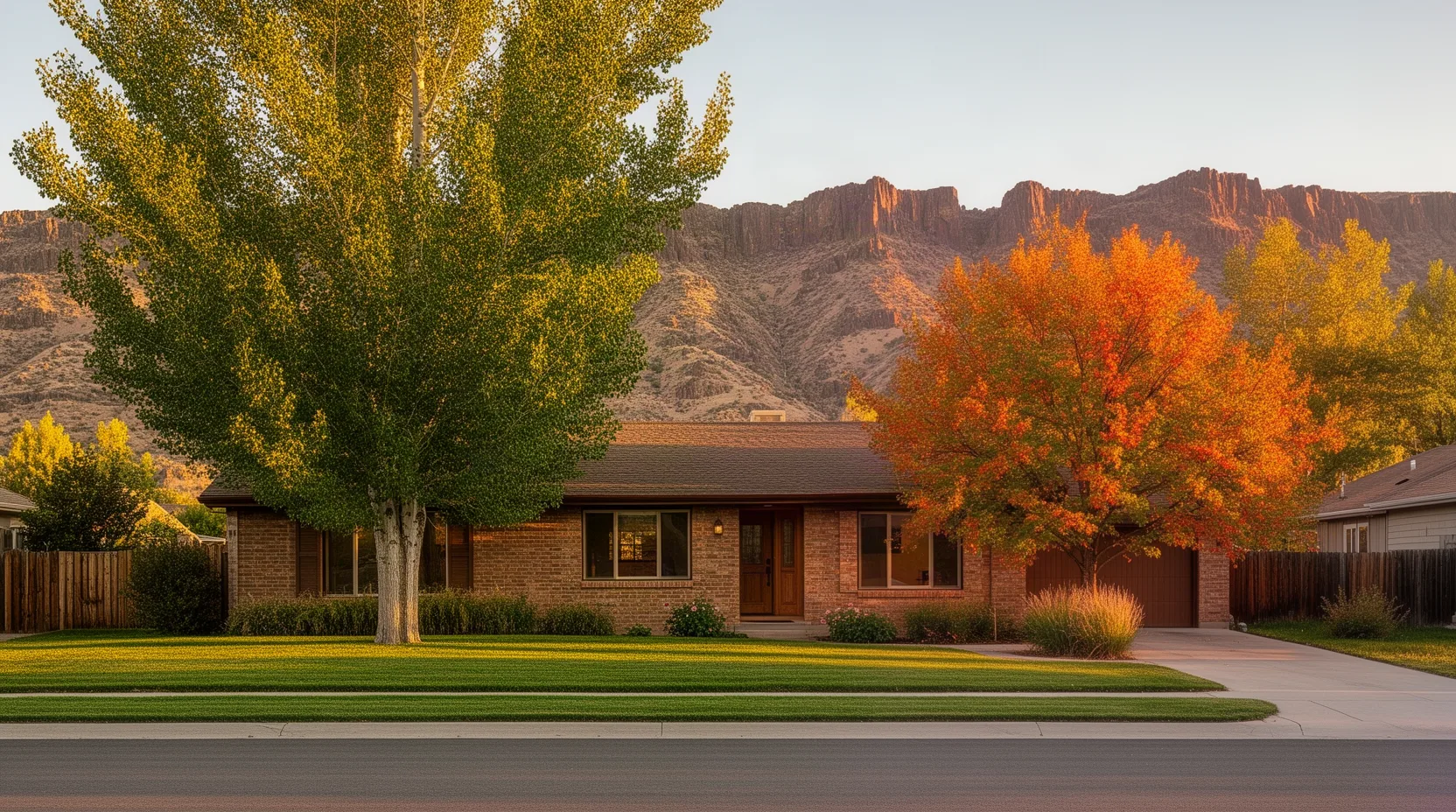 Brick ranch house among cottonwoods with Boise foothills behind