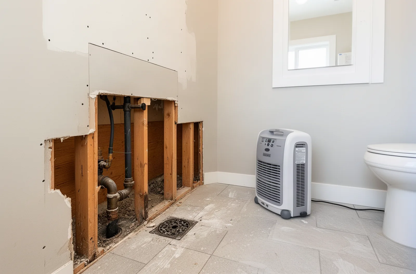Cut-away drywall and disinfected floor after a sewage backup cleanup